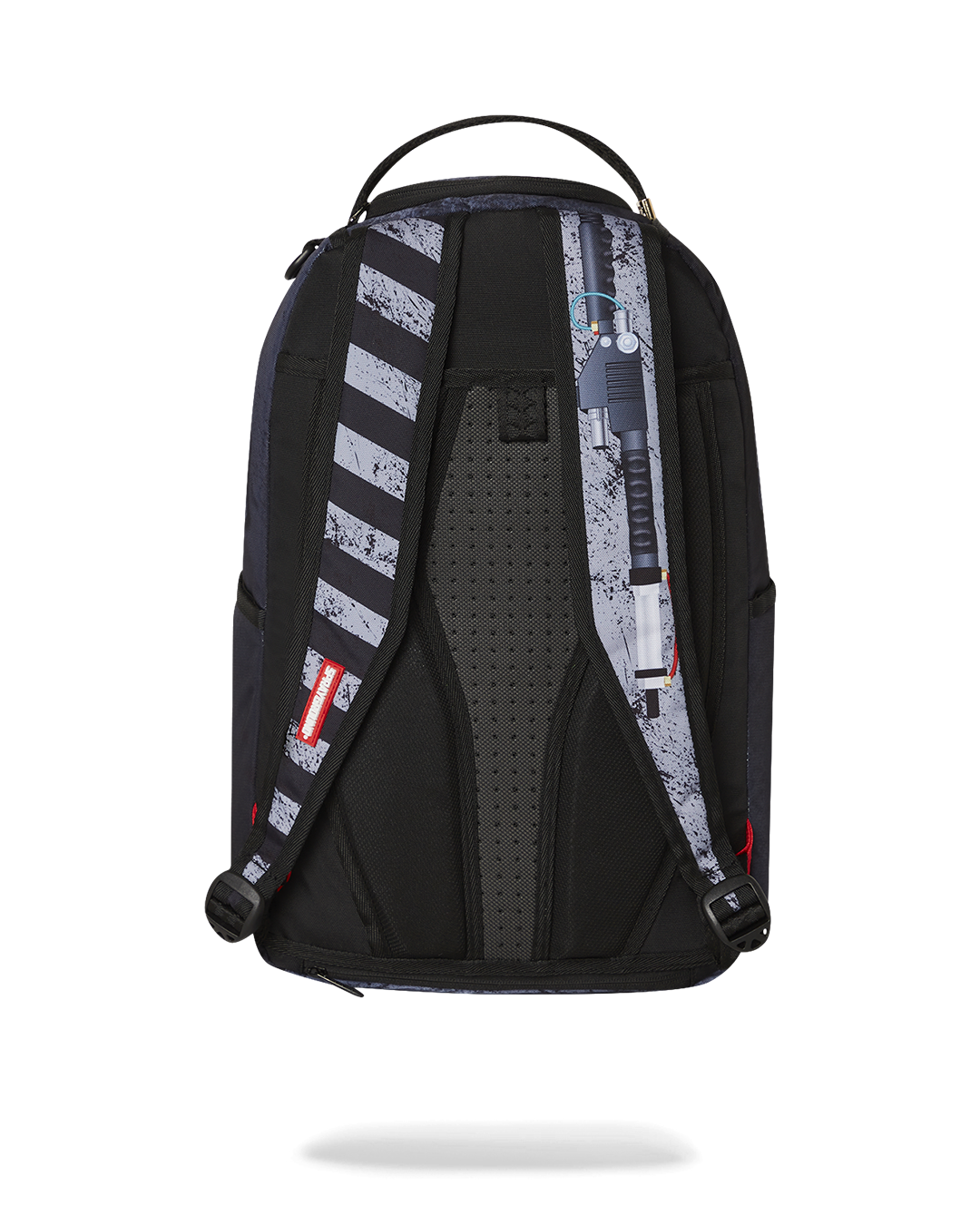 Front view of the Ghostbusters backpack with gold zipper detailing