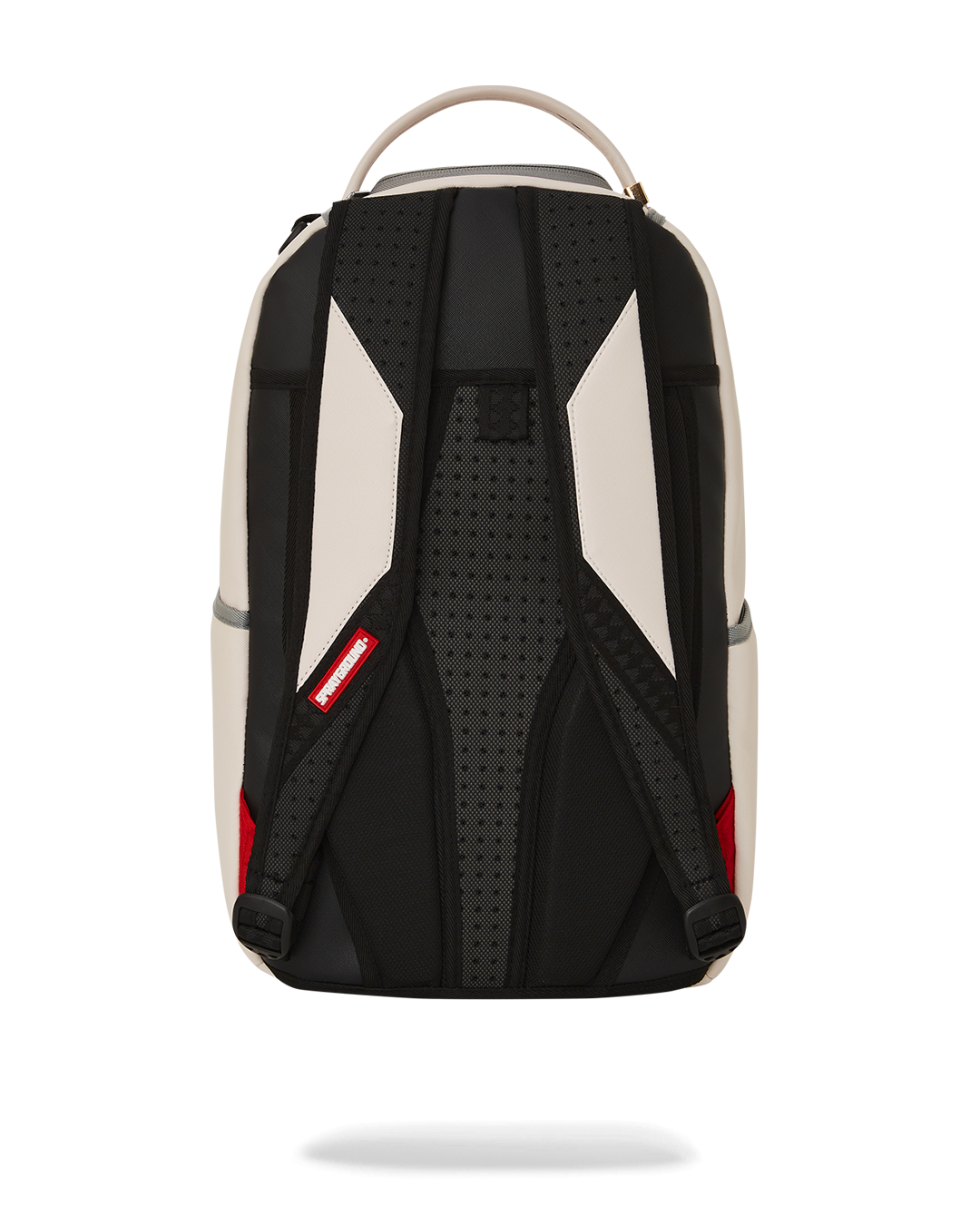 Front view of Sprayground backpack pink DLXV design with gold zippers