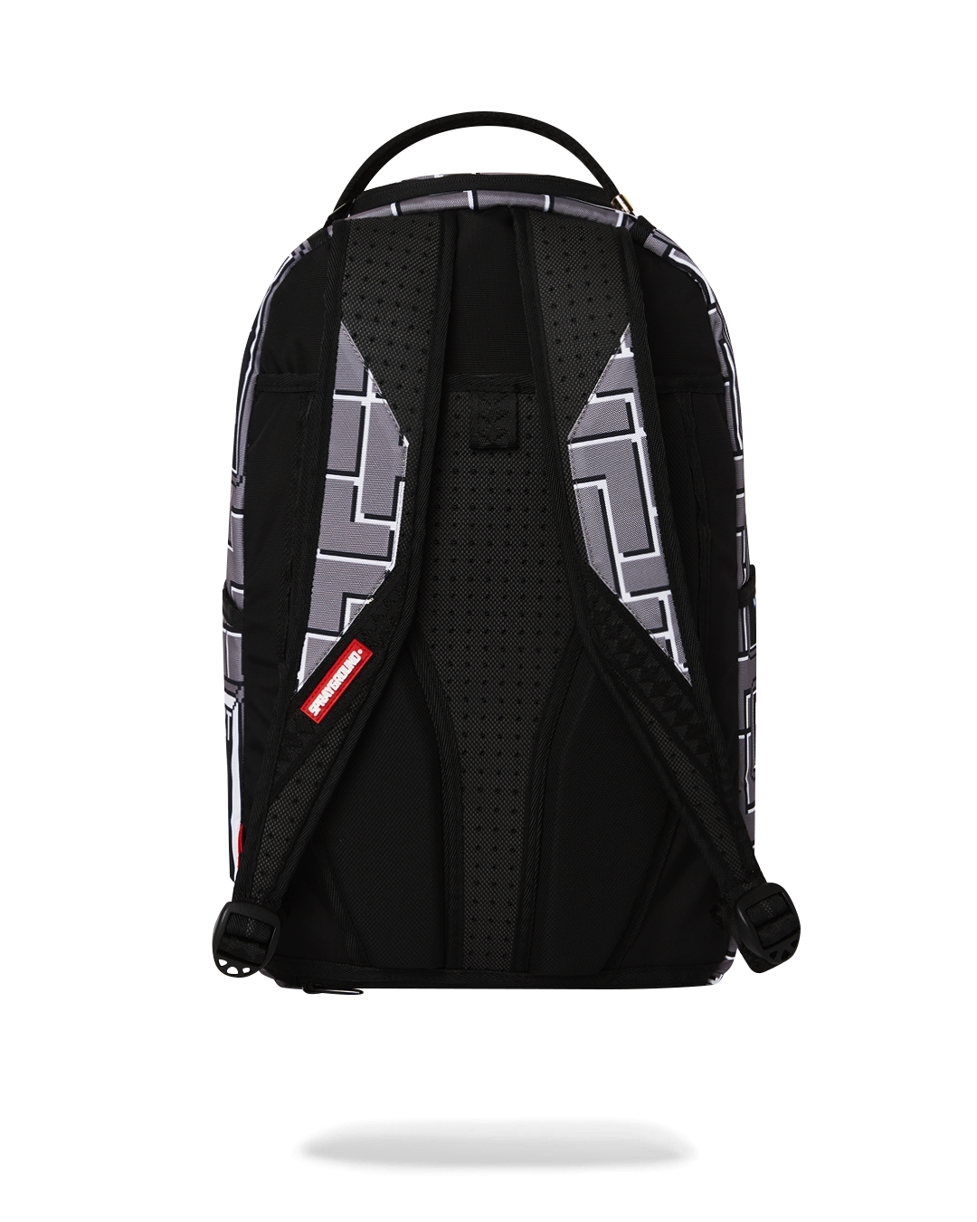 Front view of the pink sprayground backpack with Tetris shark design and gold zippers