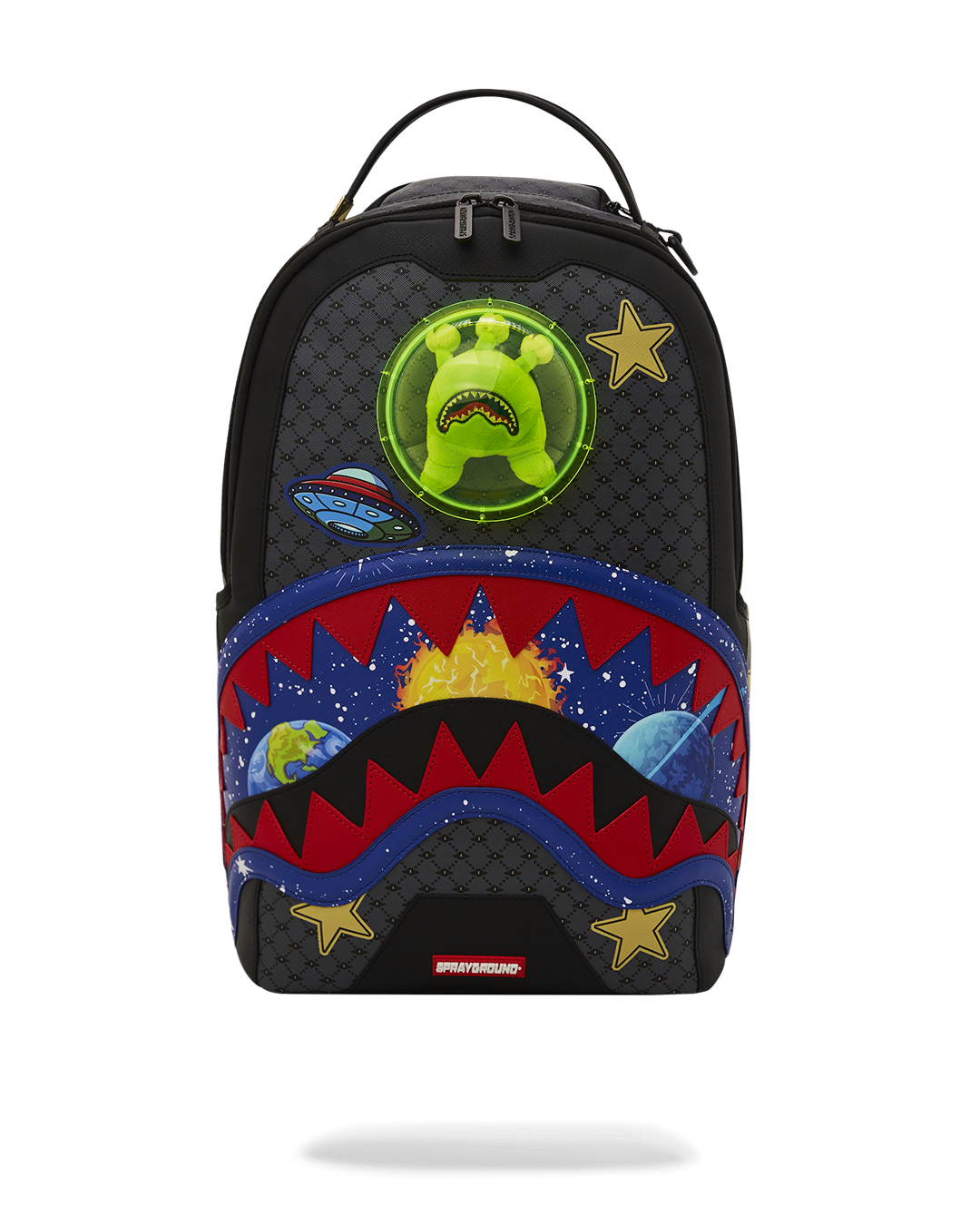 Front angle of the designer backpack showing plush alien bubble and gold hardware