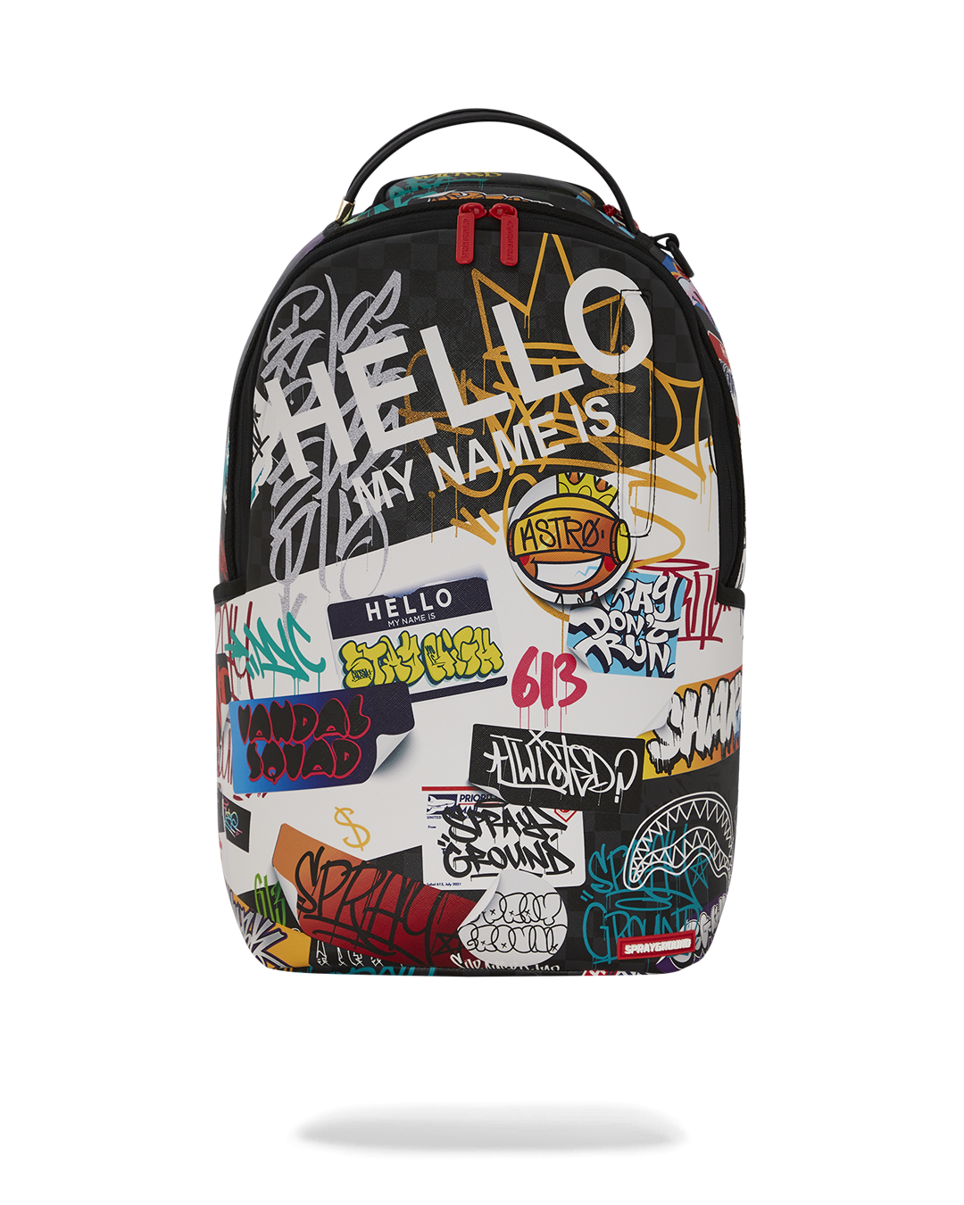 Sprayground V14 leather backpack open, showing laptop compartment and organizer pockets.