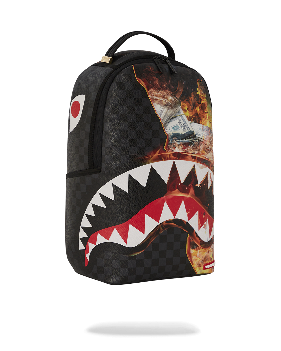 Close-up of gold zippers and sprayground badge on leather laptop backpack