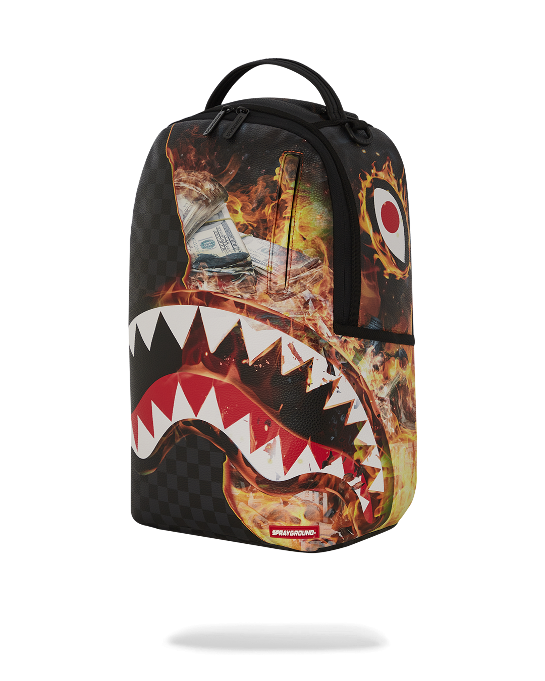 Close-up of gold zippers and sprayground badge on leather laptop backpack