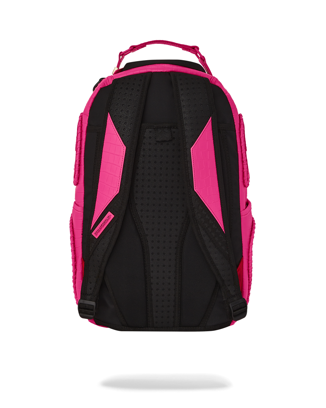 Front view of the pink python faux leather backpack with gold hardware