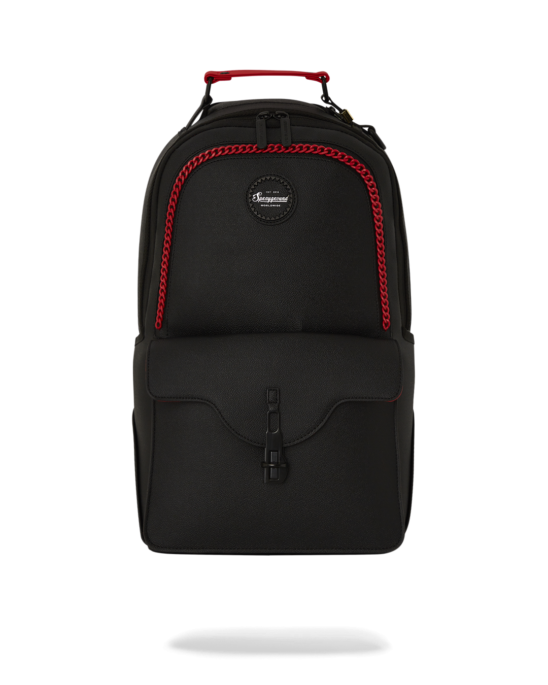 Front view of the faux leather backpack with cargo pocket and red chain embellishments