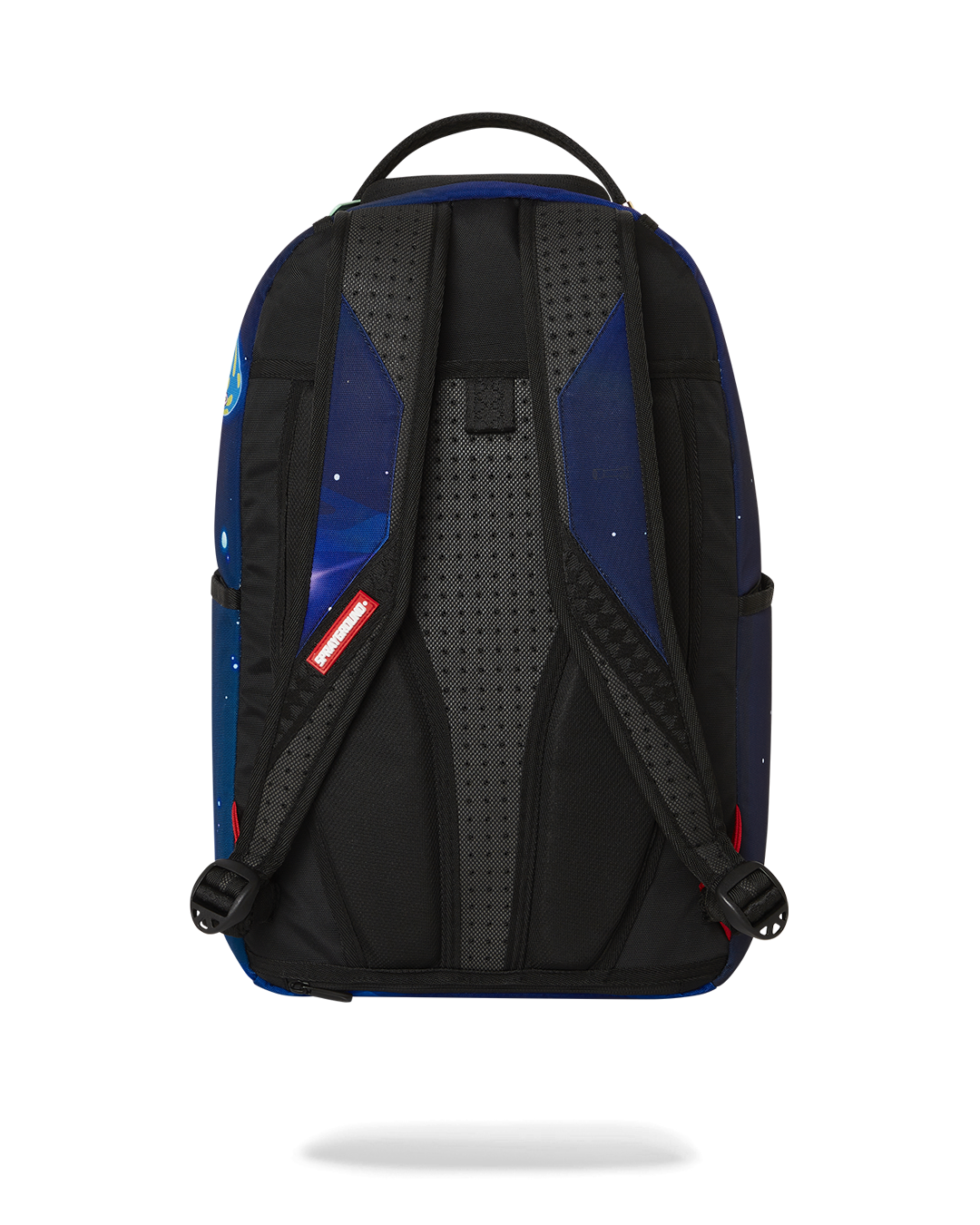 Front view of pink Sprayground backpack with Futurama design and gold zippers