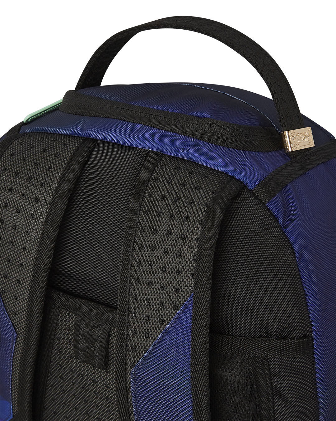 Front view of pink Sprayground backpack with Futurama design and gold zippers