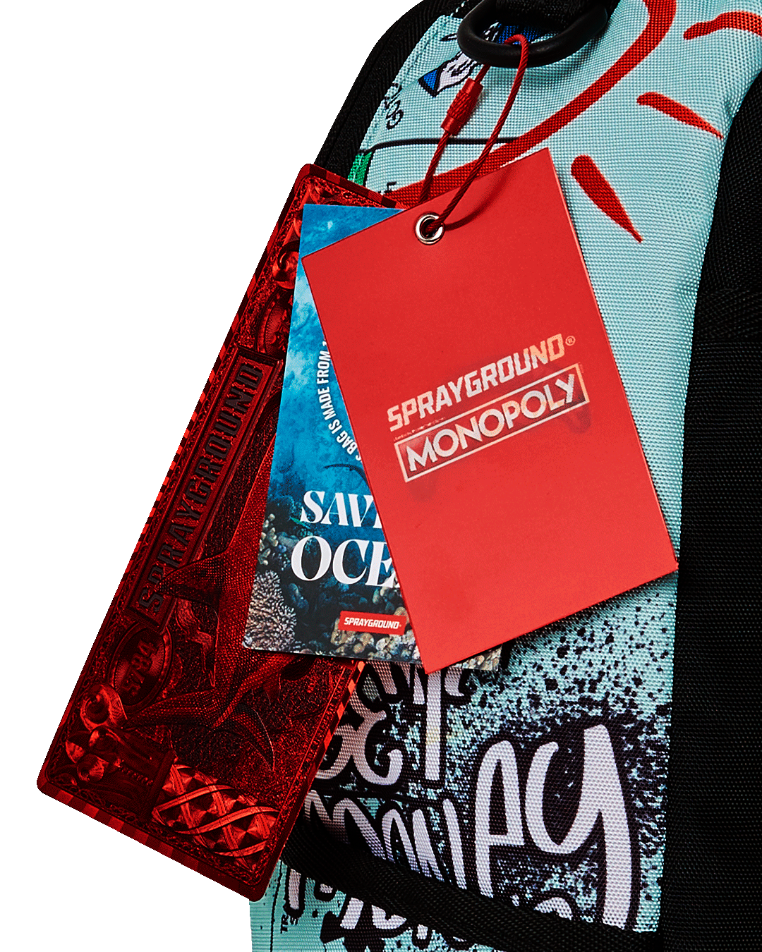 Sprayground Monopoly Deluxe Backpack side view highlighting its ergonomic mesh back padding