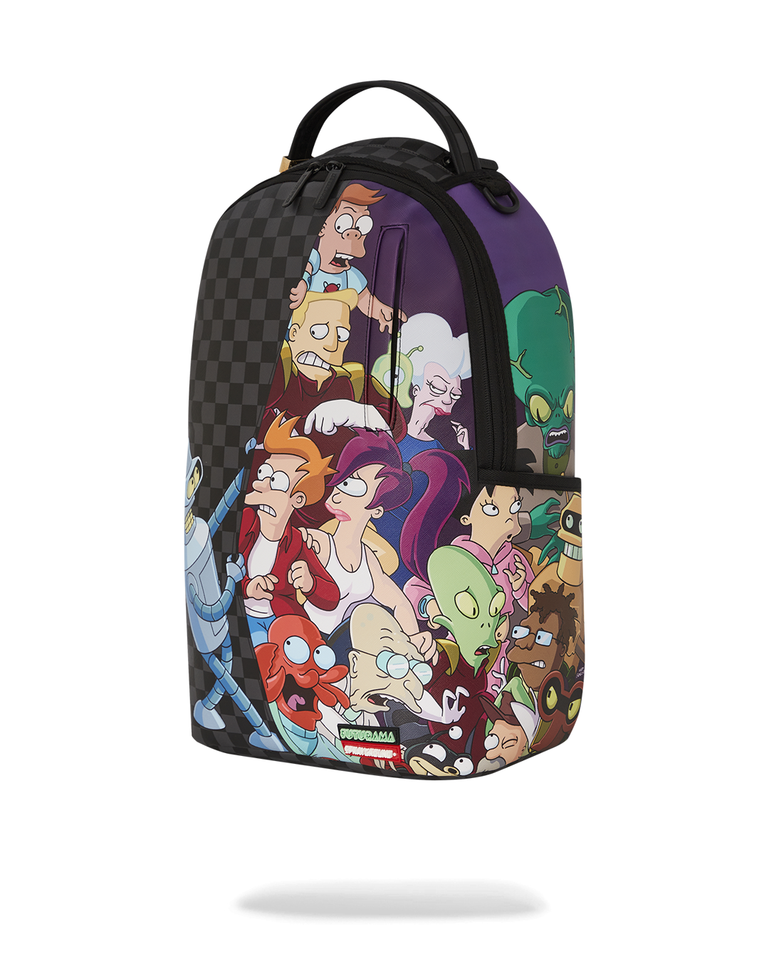 Futurama Squad backpack with faux leather exterior and gold zippers