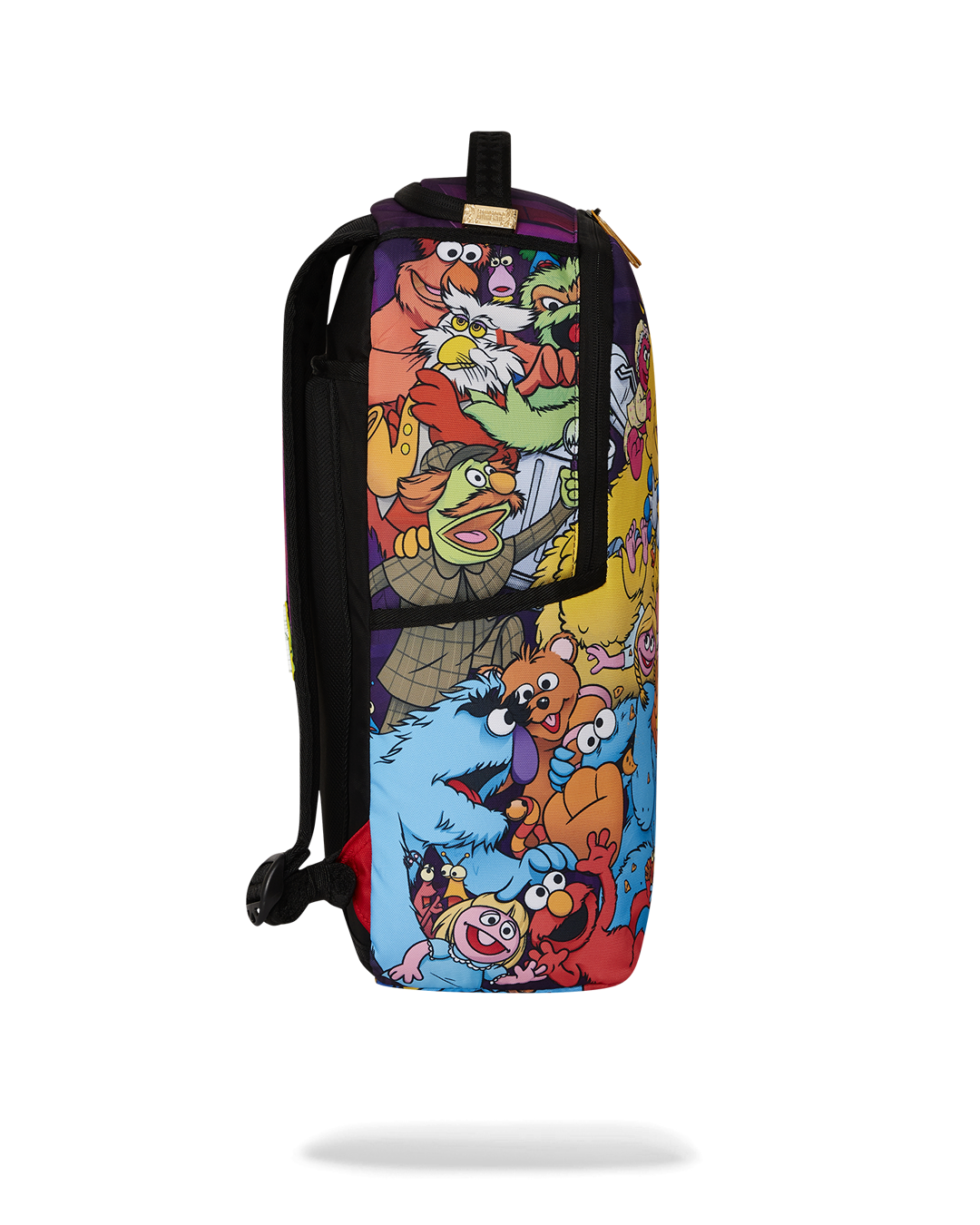 Front view of pink Sprayground backpack with Sesame Street graphics and gold zippers