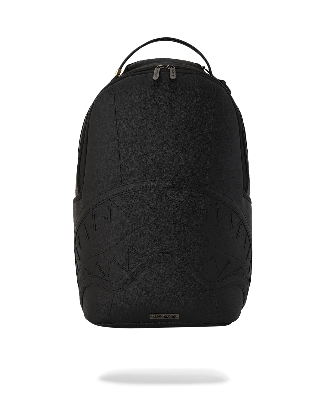 Dark Knight embossed backpack showcasing front zipper and side pockets.
