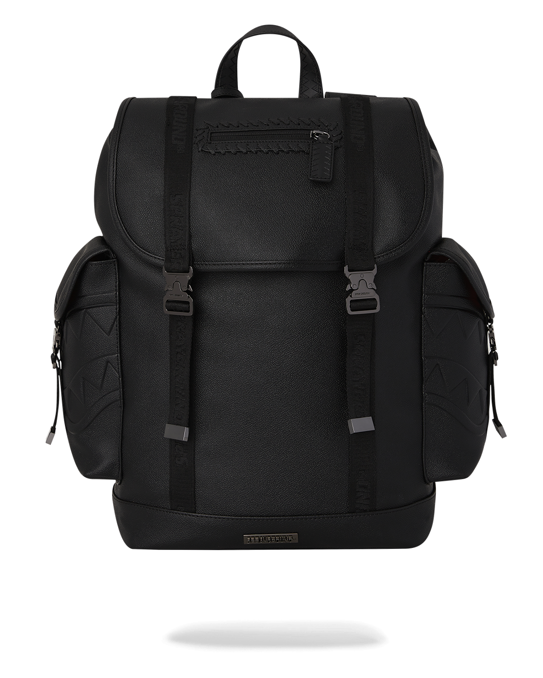 Monte Carlo faux leather backpack worn over shoulders, showcasing side pockets and adjustable straps