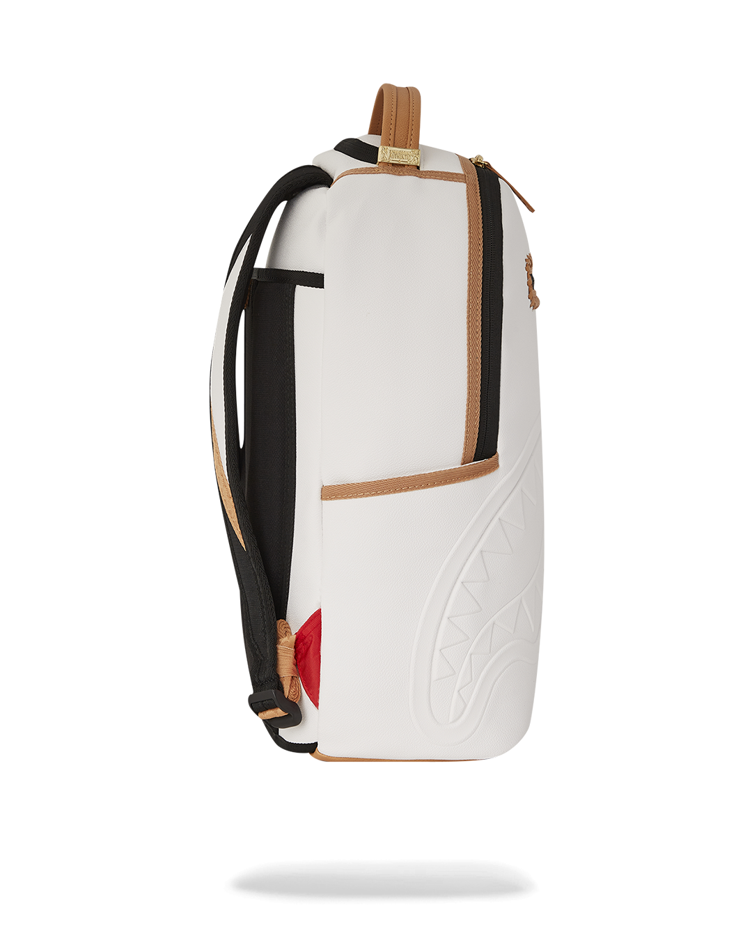 Side angle highlighting the water-resistant faux leather material and hardware details