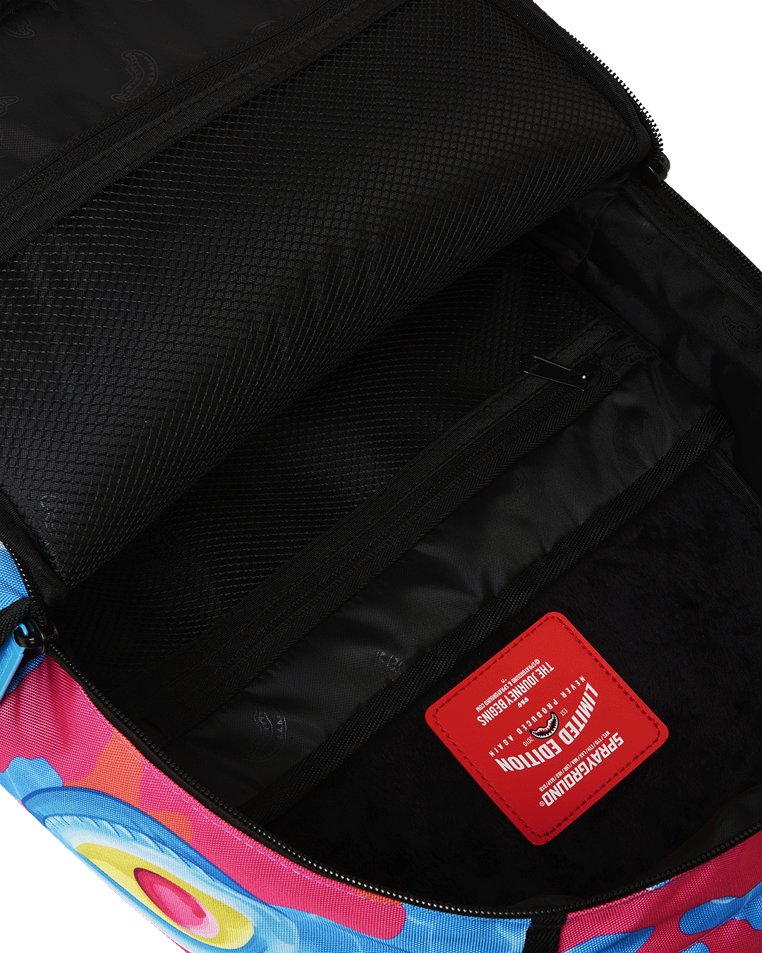 Interior view of the backpack with a padded laptop compartment and organized mesh pockets