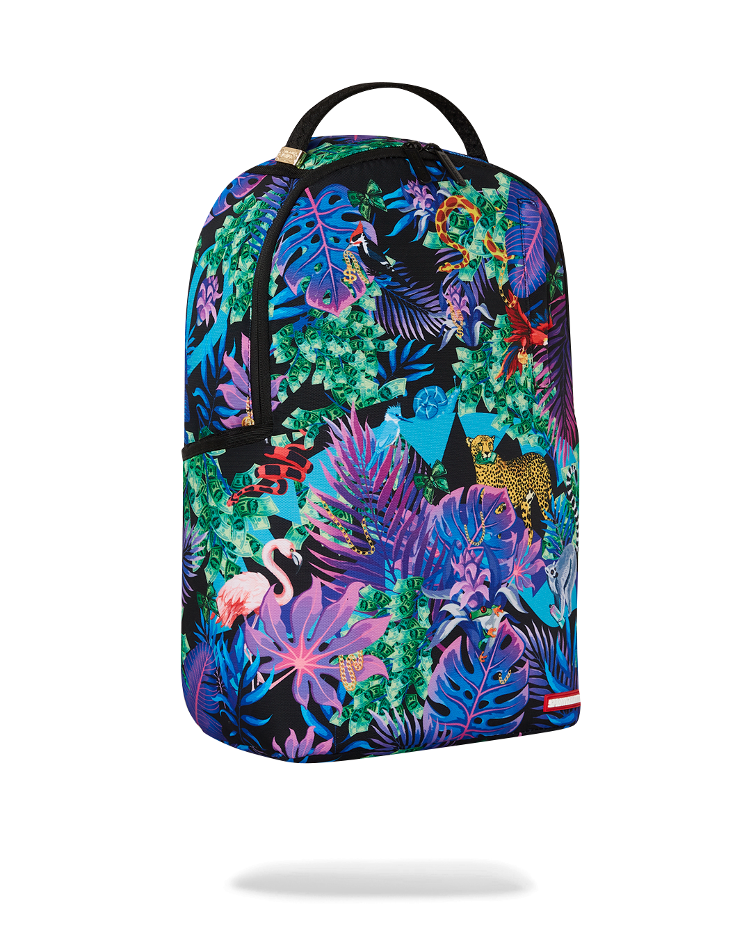 Tropical Night Deluxe Laptop Backpack attached to carry-on luggage.