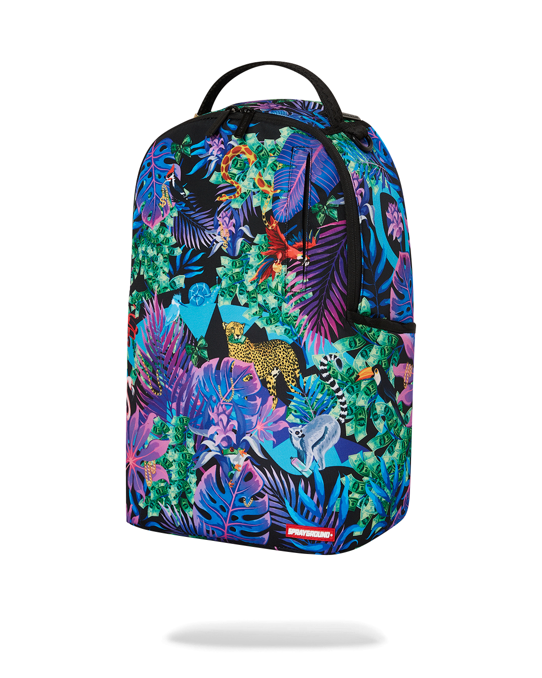 Tropical Night Deluxe Laptop Backpack attached to carry-on luggage.
