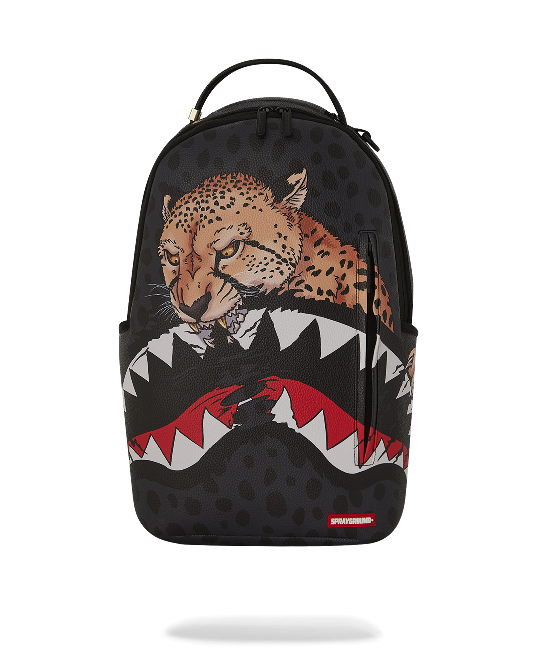 Close-up of the faux leather texture and Tyreek Hill collaboration badge on the Sprayground backpack.