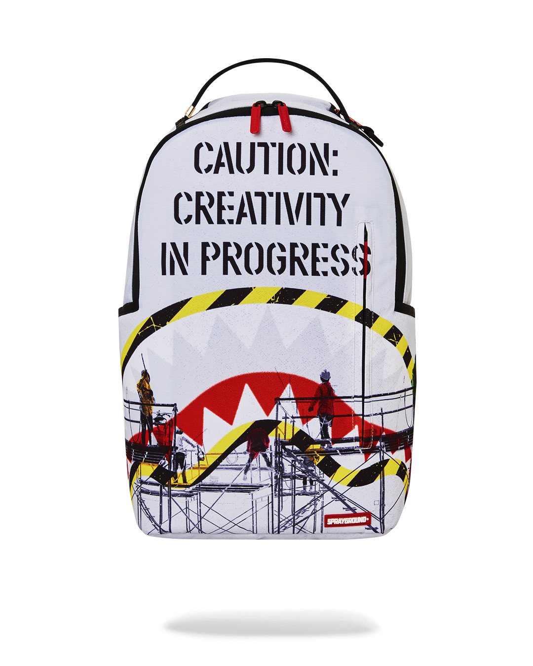 Front view of Sprayground Creativity Deluxe Backpack with gold zippers.