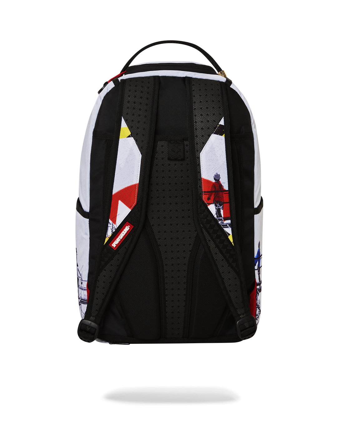 Front view of Sprayground Creativity Deluxe Backpack with gold zippers.