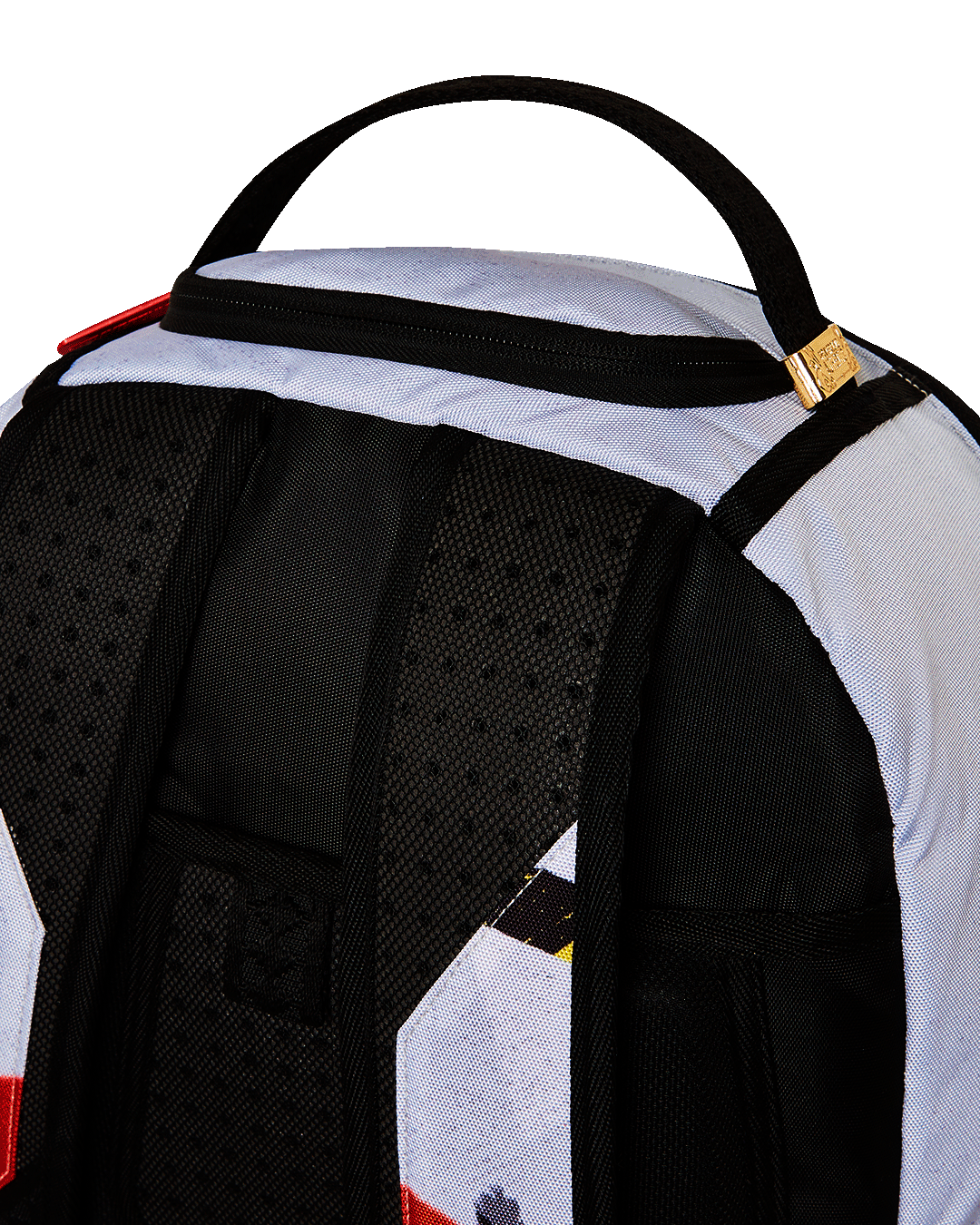 Front view of Sprayground Creativity Deluxe Backpack with gold zippers.