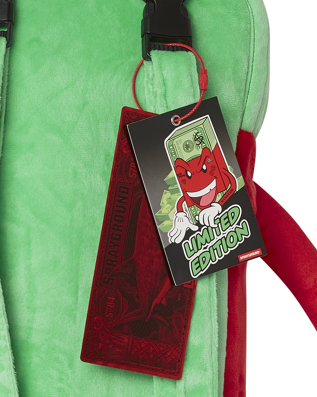 Front view of plush backpack showcasing zippered belly pocket