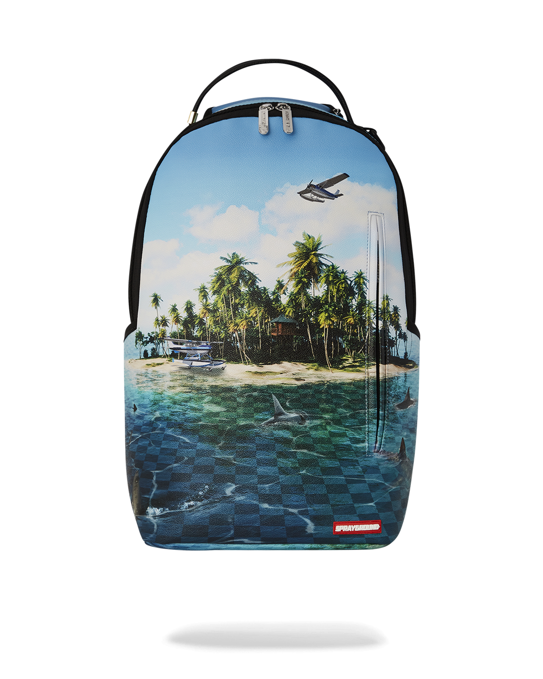Sprayground Shark Island Faux Leather Backpack in pink, showcasing its durable faux leather and sleek design