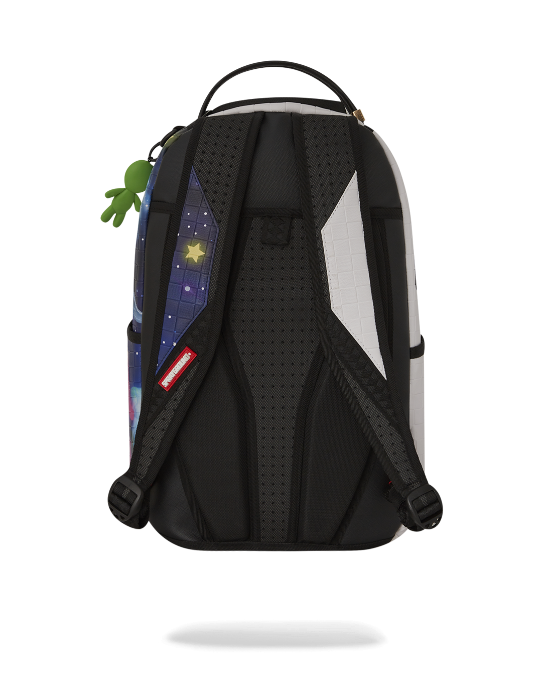 Front view of the Cosmic Ray faux leather backpack showcasing pockets and zippers.