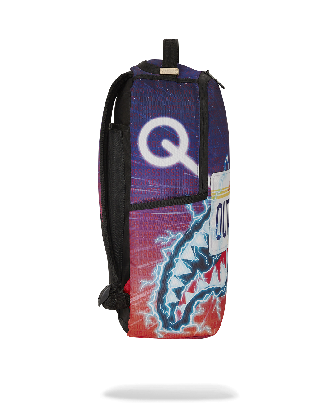 Side view of the OUTATIME Deluxe backpack featuring multiple pockets.