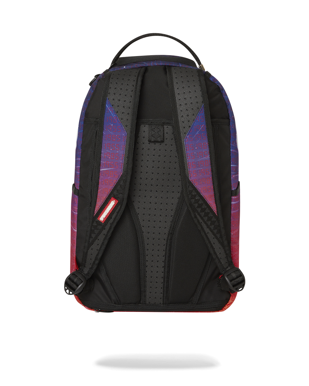 Front view of the pink Sprayground backpack showcasing the gold zippers and badge.