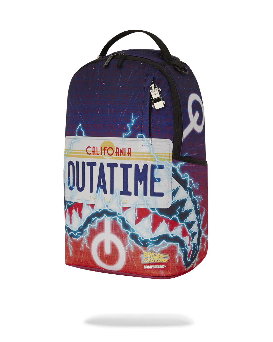 Side view of the OUTATIME Deluxe backpack featuring multiple pockets.