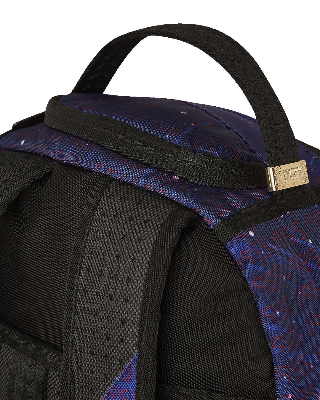 Front view of the pink Sprayground backpack showcasing the gold zippers and badge.