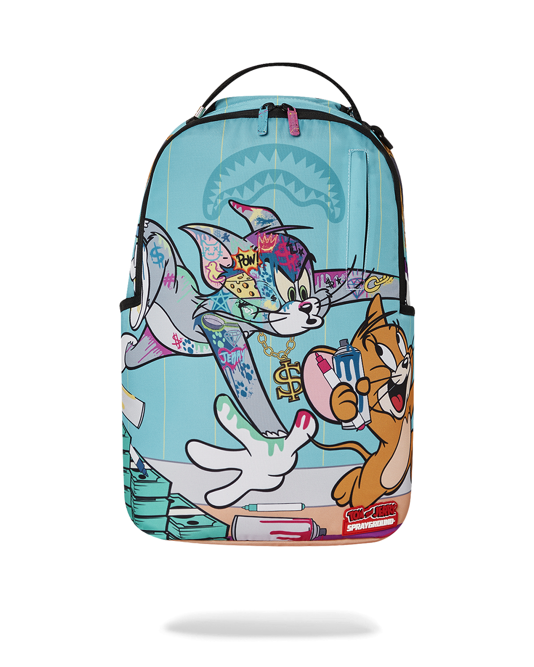 Front view of Tom & Jerry cartoon backpack showing zippered pockets