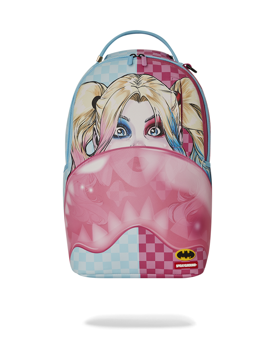 Front view of Harley Quinn faux leather mini backpack showing bubble gum shark design
