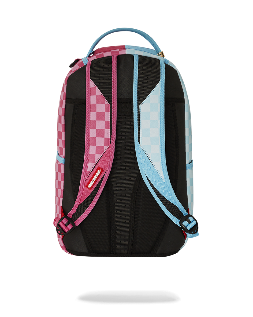 Front view of Harley Quinn faux leather mini backpack showing bubble gum shark design