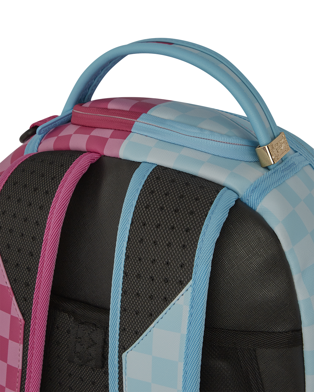 Front view of Harley Quinn faux leather mini backpack showing bubble gum shark design