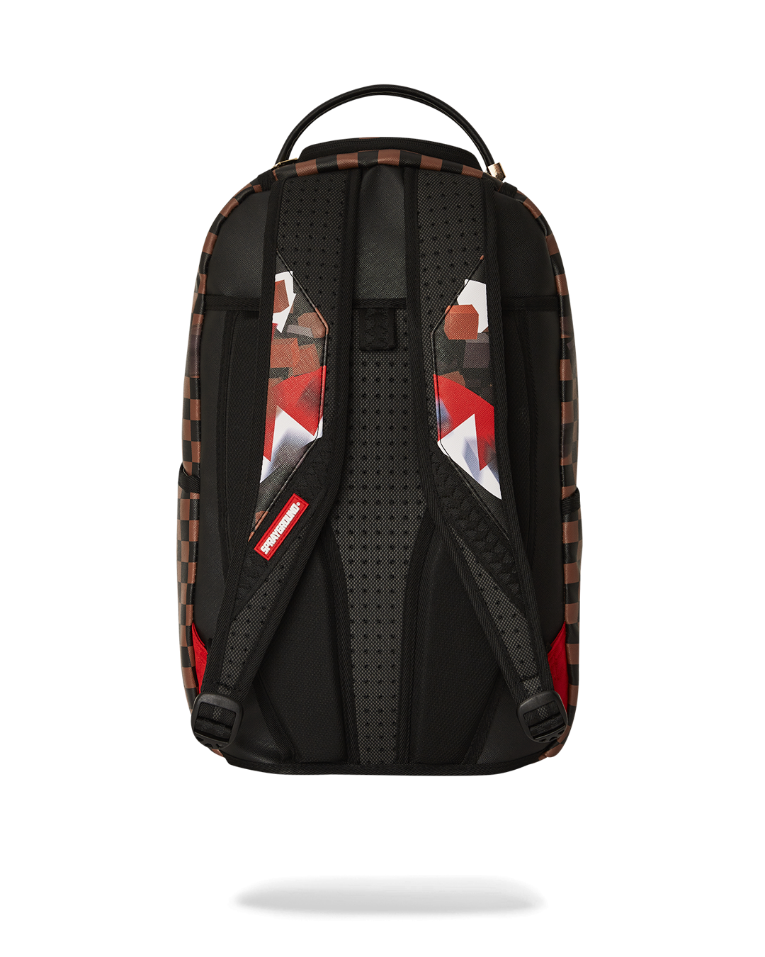 Front view of the eco-friendly faux leather backpack with gold zippers.