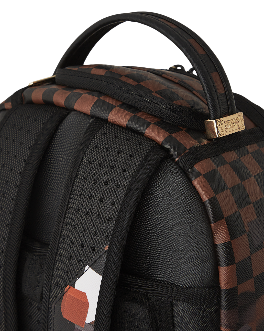 Front view of the eco-friendly faux leather backpack with gold zippers.