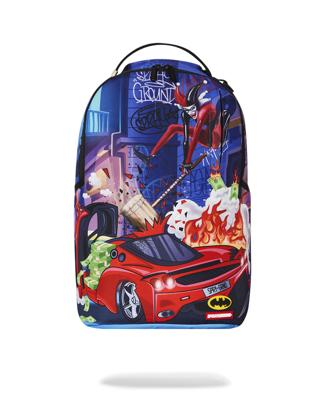 Sprayground Harley Quinn backpack worn by a model in urban setting