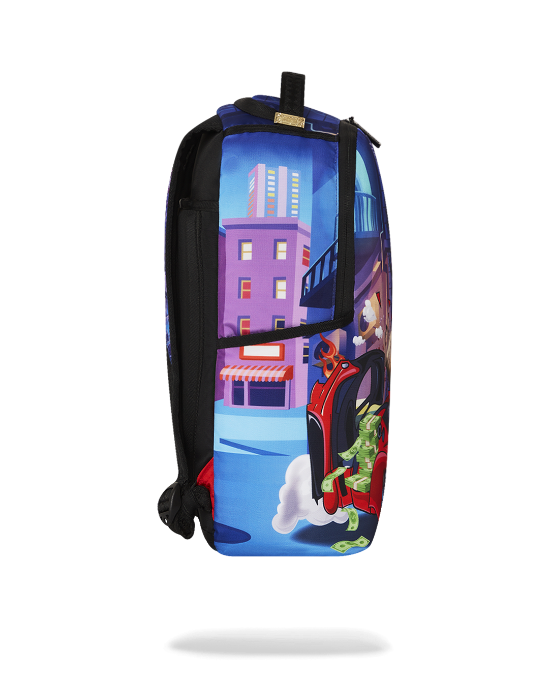 Close-up of the backpacks DC Comics graphics and zippered pockets