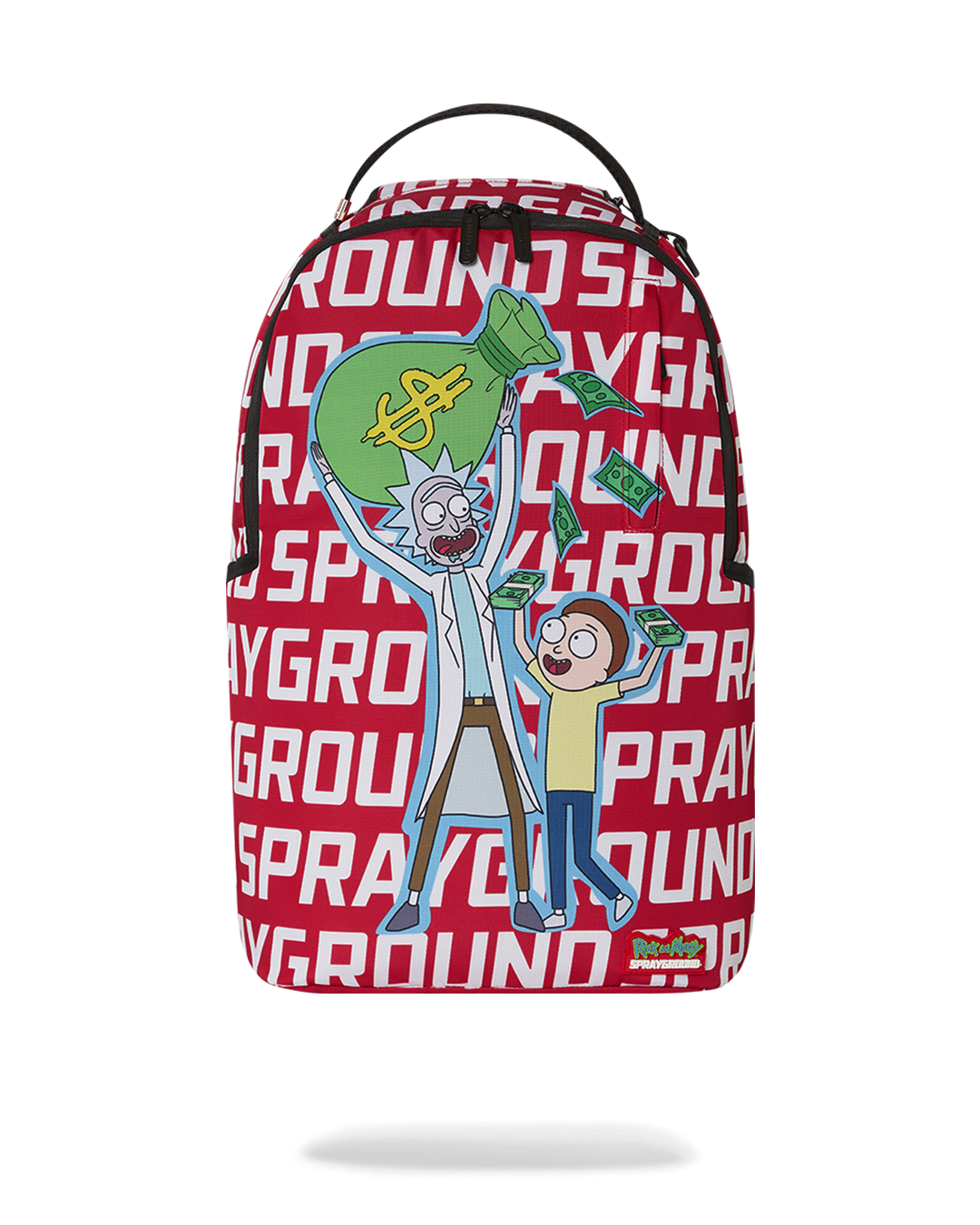 Side view of Rick and Morty Deluxe Backpack with gold zippers.