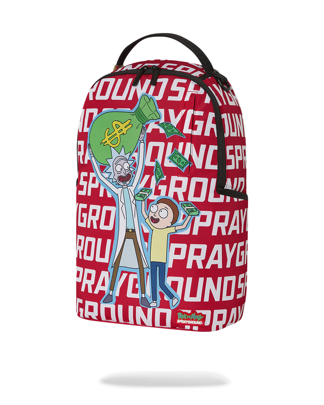 Side view of Rick and Morty Deluxe Backpack with gold zippers.