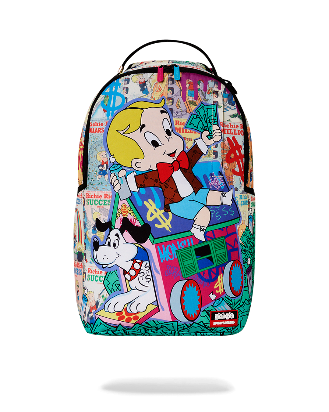 Richie Rich Deluxe Sprayground Backpack showcasing front zipper pocket and side pockets.