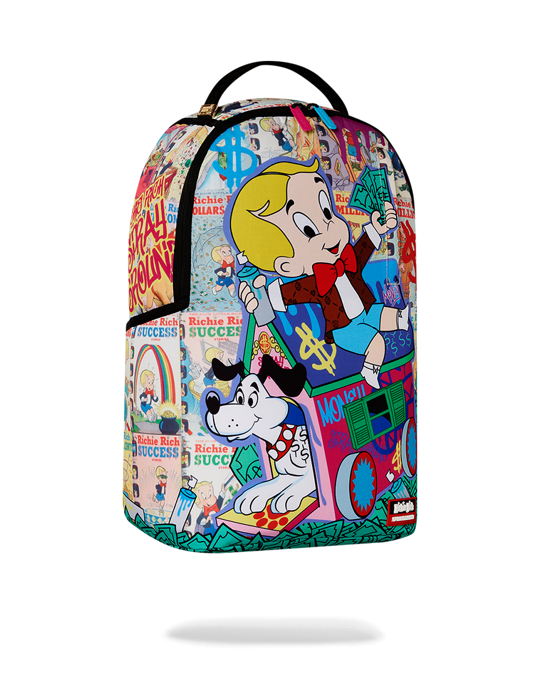 Richie Rich Deluxe Sprayground Backpack displayed against a scenic urban backdrop.