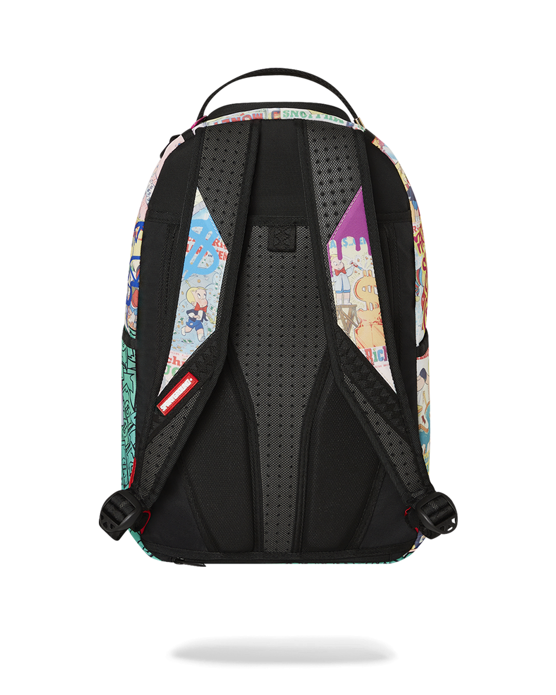 Richie Rich Deluxe Sprayground Backpack displayed against a scenic urban backdrop.