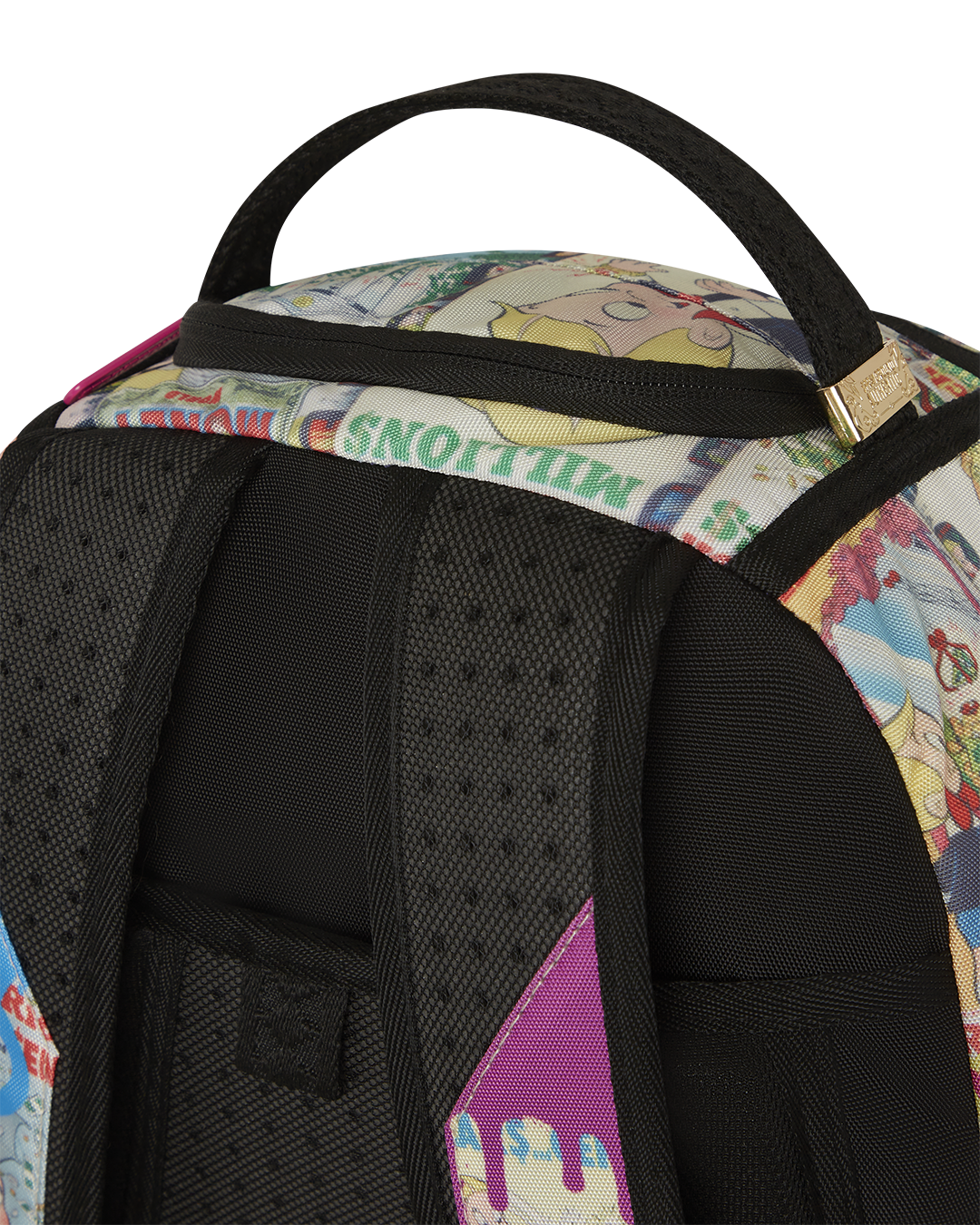 Richie Rich Deluxe Sprayground Backpack displayed against a scenic urban backdrop.