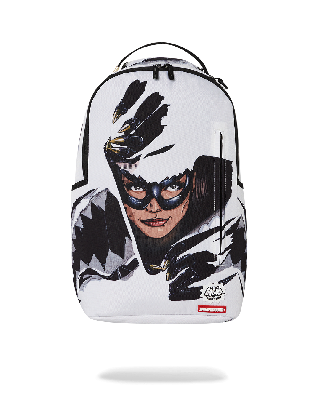 Front view of the Catwoman Into the Night backpack with gold zippers
