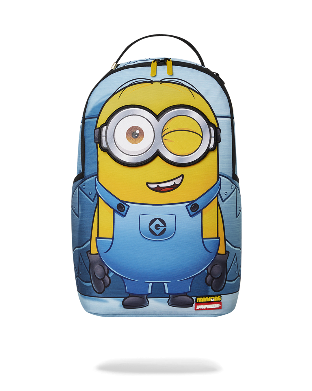 Minions plush toy with removable eyes, showing playful expression
