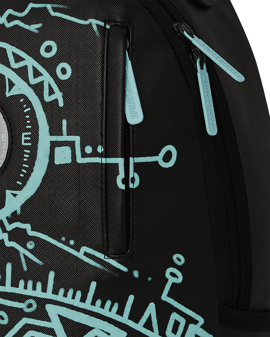 Front view of Sprayground faux leather tote bag showcasing compass panel and zippered pockets