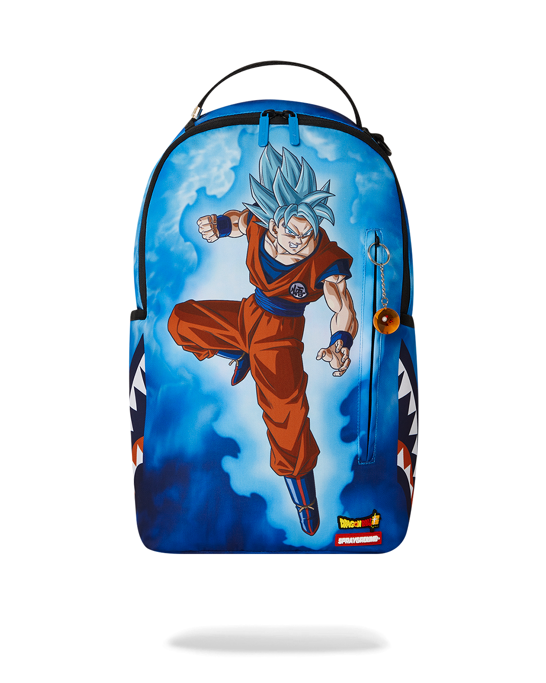 Front view of Goku backpack with animated Kamehameha design
