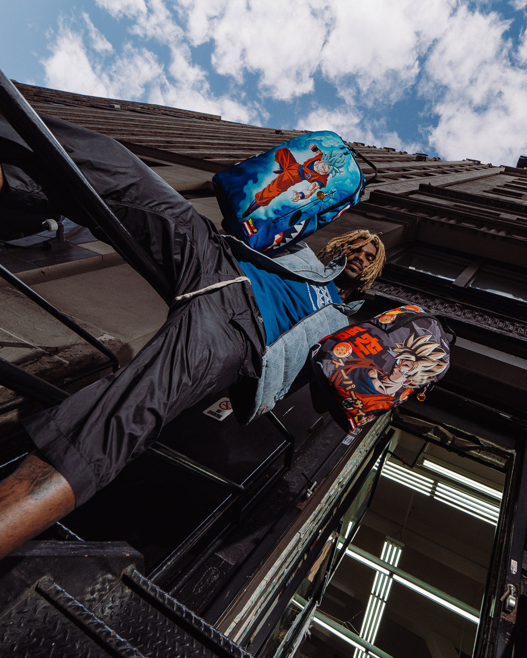 Front view of Goku backpack with animated Kamehameha design